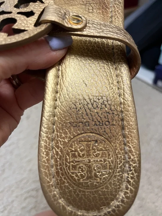 Tory Burch Metallic Gold Leather Logo Sandals - Picture 7 of 10